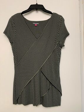 Vince Camuto Black and Olive Stripe Wrap-Effect Short Sleeve Top